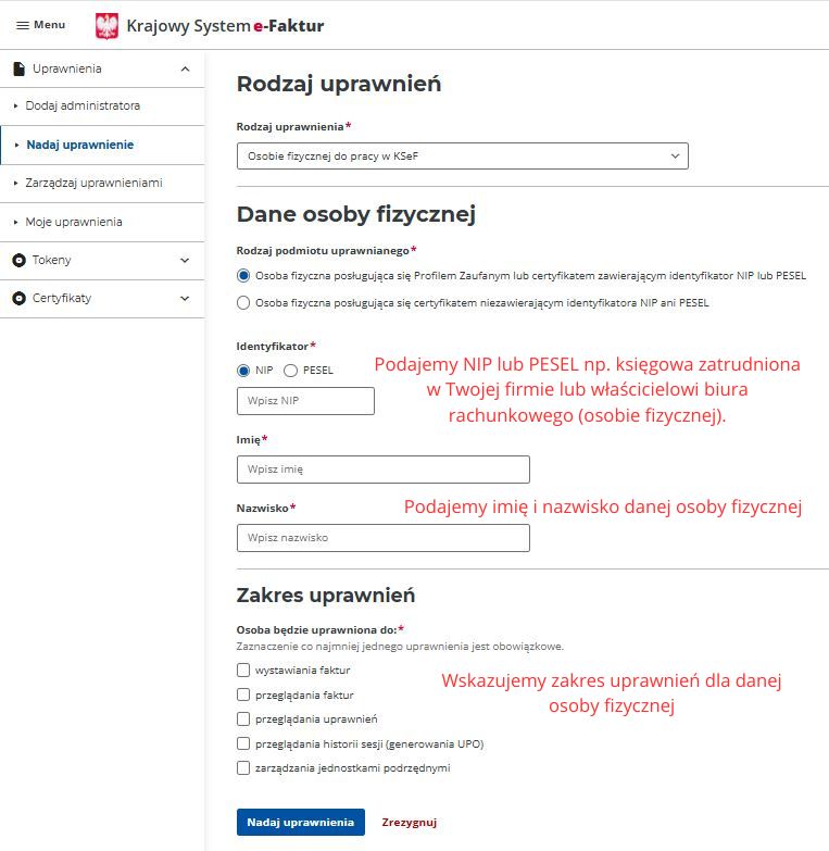 Uprawnienia KSeF dla biura rachunkowego jako osoby fizycznej
