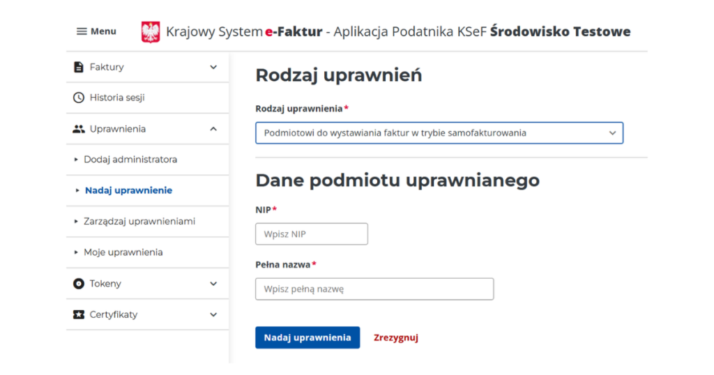 Nadanie uprawnień KSeF podmiotowi do wystawiania faktur w trybie samofakturowania